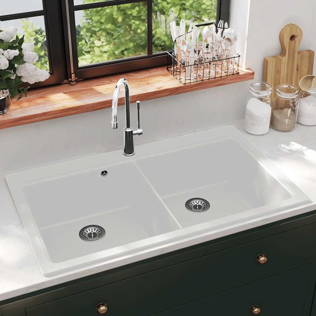 vidaXL Fregadero encastrable de Granito Blanco de Dos cubetas lavabos baño