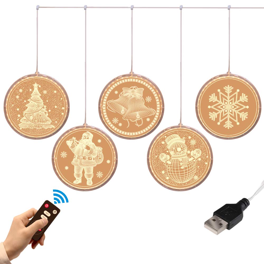 Luces de noche de Navidad colgantes, 5 luces de cortina 3D con control remoto para exteriores, luces de cadena para interiores, lámpara de cadena de hadas para ventana, luces de decoración de Navidad
