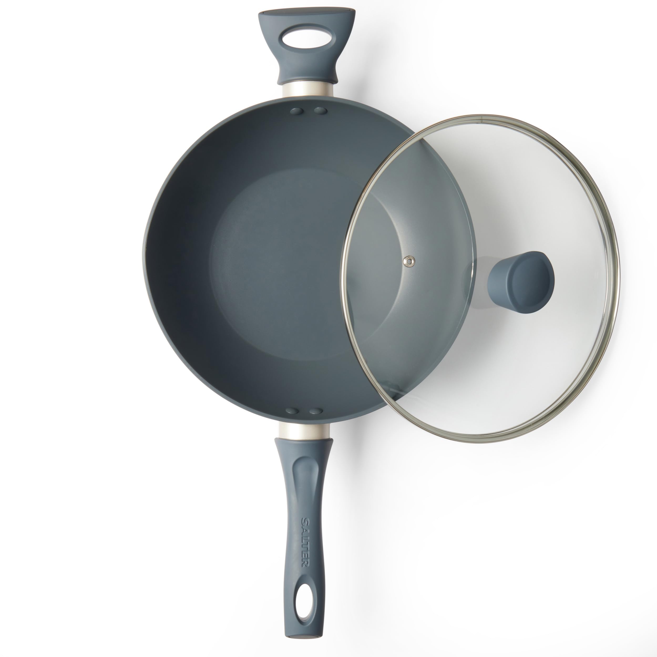 Salter BW12267EU7 Wok antiadherente de 28 cm - Sartén para freír, apto para inducción, incluye tapa y rejillas de ventilación de vidrio templado, poco/sin aceite, sin PFOA, azul gris