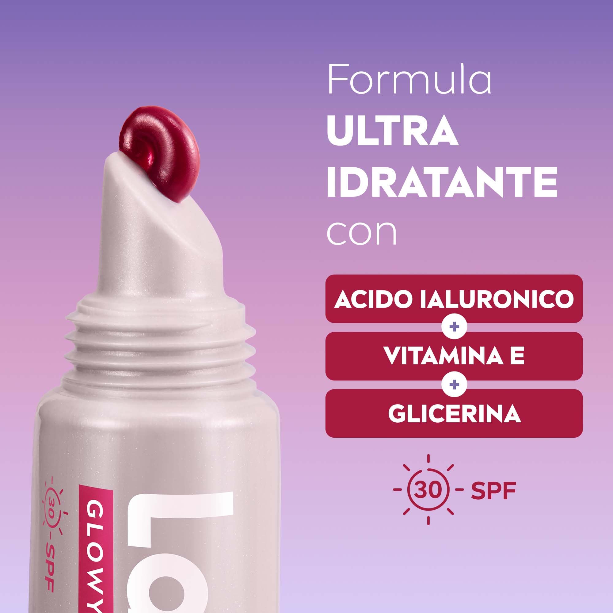 Labello Glowy Lips Berry + SPF 30 10 ml, Balsamo labbra colorato con effetto lip gloss intenso, Lucidalabbra con Acido Ialuronico + Vitamina E + Glicerina, Burrocacao labbra secche e screpolate
