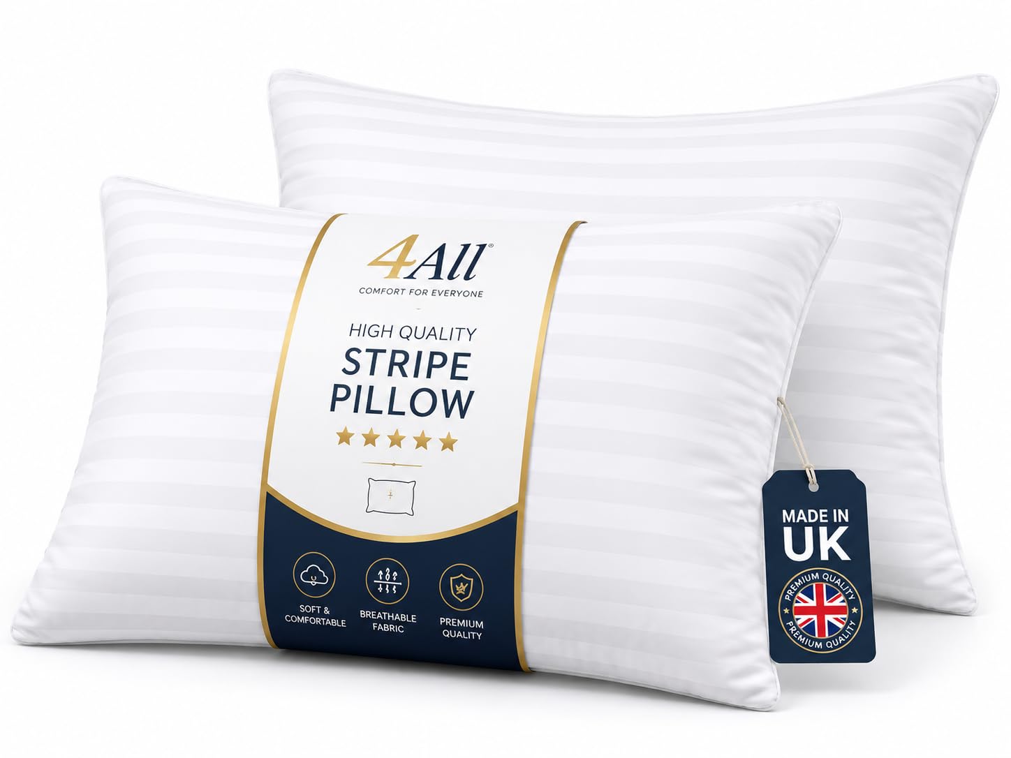 4All Pillows 2 Pack Striped– Hotel Quality Pillow, Soft & Supportive, Ideal for Side Sleepers, Neck & Shoulder Support, Fluffy Hollowfibre Filling, Made in UK (2, Striped Pillows)