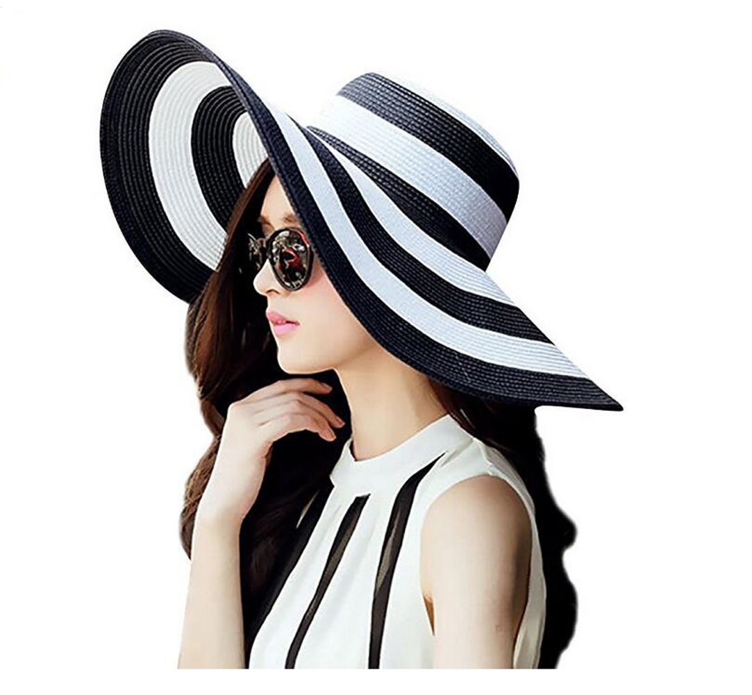 Bamboopack Sombrero de paja de ala ancha para mujer, plegable, enrollable, de ala grande, color negro