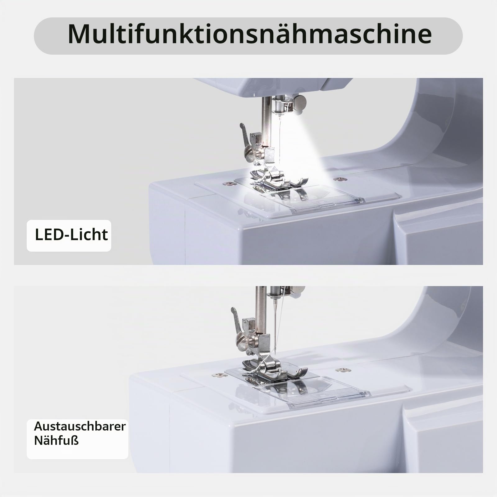 Nähmaschine für Anfänger, Elektrische Nähmaschine Kleine, 12 Stichprogrammen Handnähmaschine Mini Sewing Machine, Tragbare Nähmaschines mit LED-Licht, Fußpedal & Nähset (Grey)