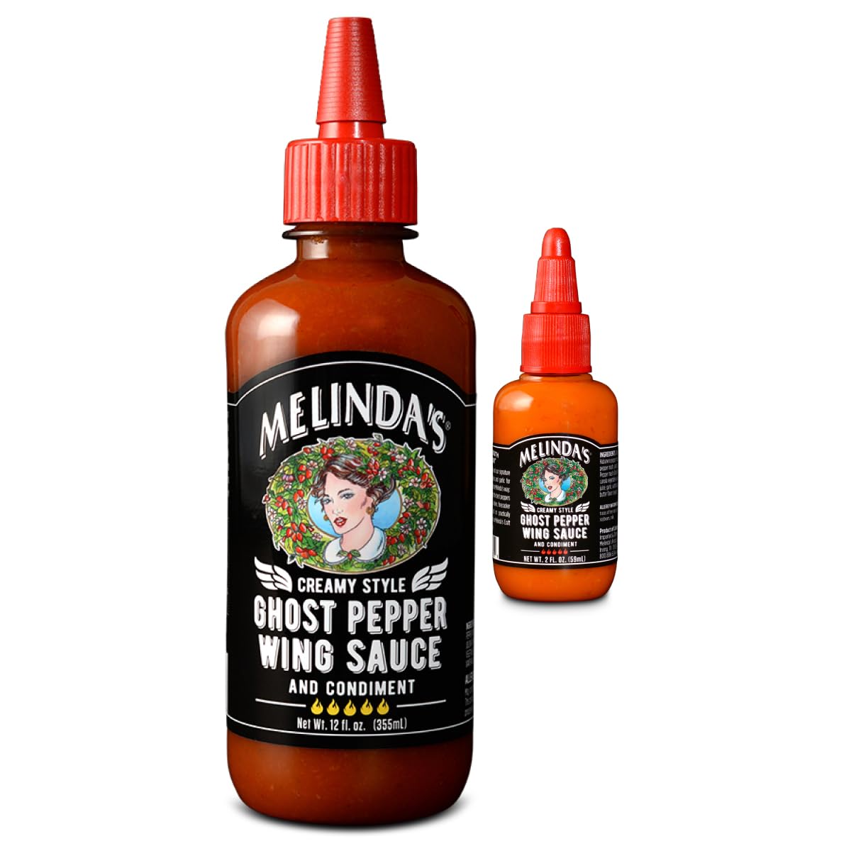Melinda’s Ghost Pepper Wing Sauce - 1 Pack 12 Oz &Mini - Gourmet Spicy Hot Sauce - Made with Fresh Ingredients, Ghost Peppers (Bhut Jolokia), Habanero Pepper, Carrot, Garlic, Lime - Vegan, Gluten Free