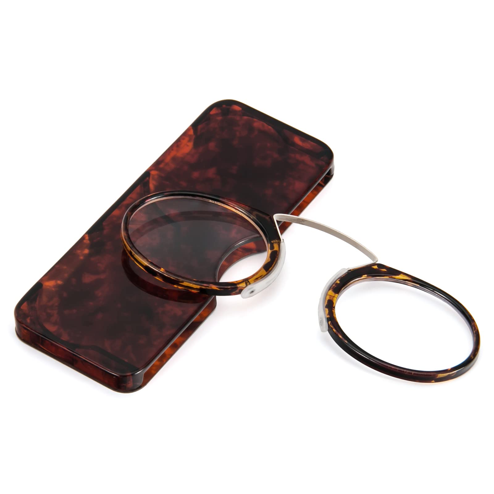 REAVEE Ultra Thin Armless Reading Glasses for Men Women, No Temple Pinch Nose Clip on Readers Small Pocket with Mini Portable Case, Tortoise +3.5