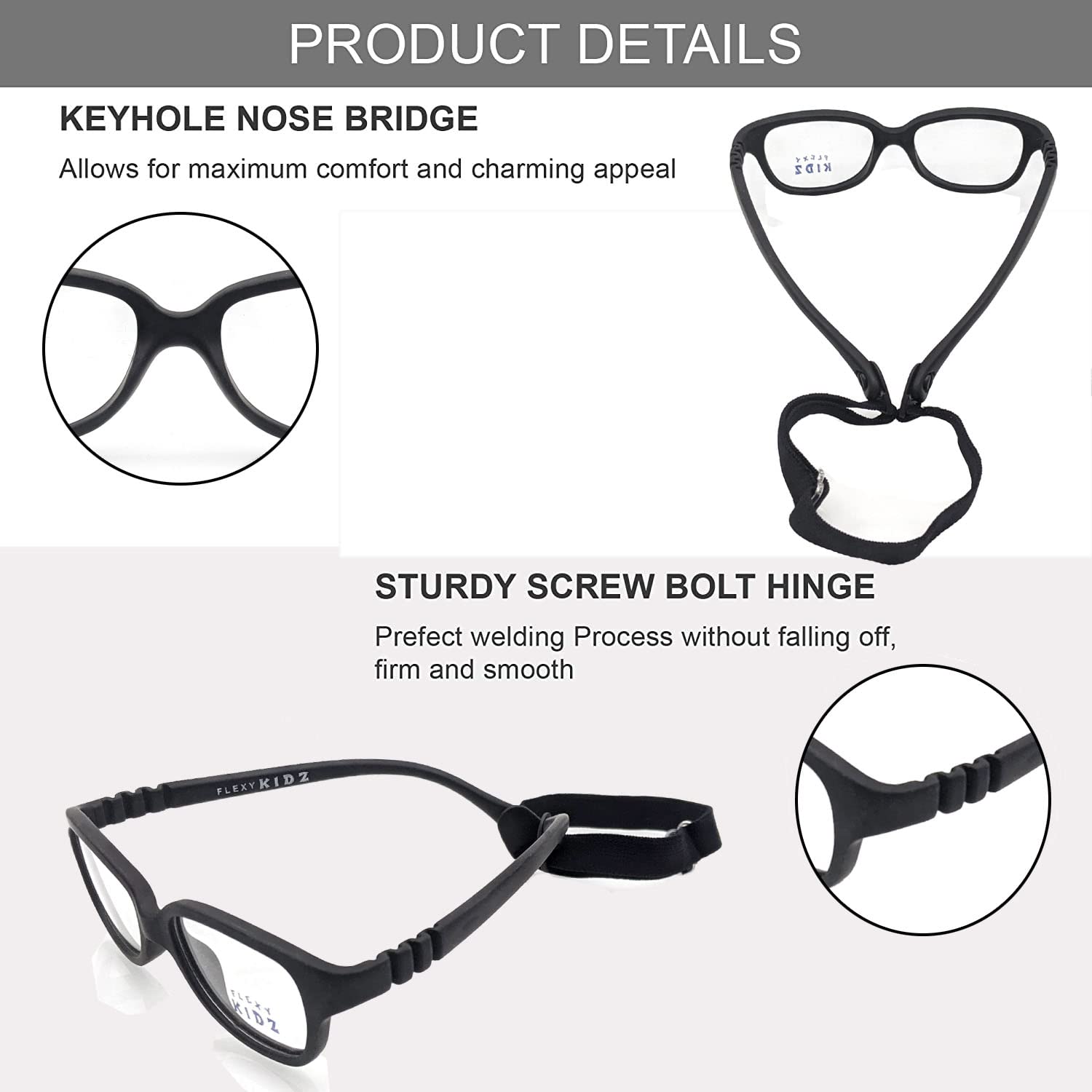 Flexi Kidz Blue Light Blocking Anti Glare Zero Power Unbreakable Eyeglasses Spectacle Frame Protection From TV Mobile Laptop Computer for Kids Girls Boys Unisex With Antislip Silicone Band (Black) - Image 5 thumbnail