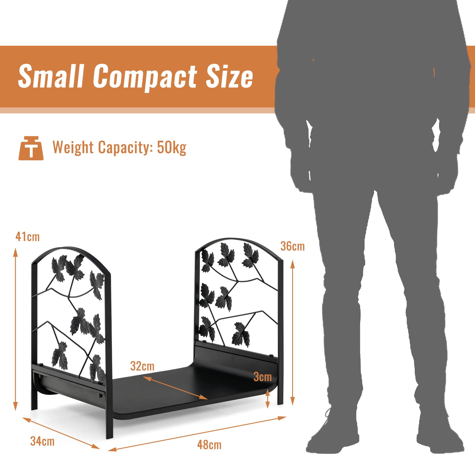 GOPLUS Estante para Leña, Soporte para Leña de Acero de 41 cm, Apilador de Leña con Capacidad de Carga de 50 kg, Apto para Estufa, Brasero, Uso Interior y Exterior (Hojas)