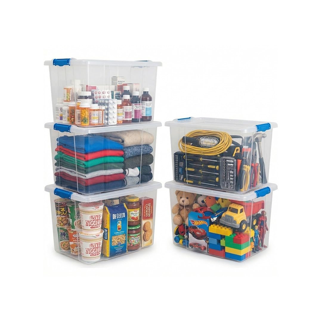 ORGANIZED Clear Plastic 50L Storage Box with Blue Clip-On Lid – Heavy Duty Stackable Storage Container for Home, Office, Kitchen, Garage & Closet Organisation (5)