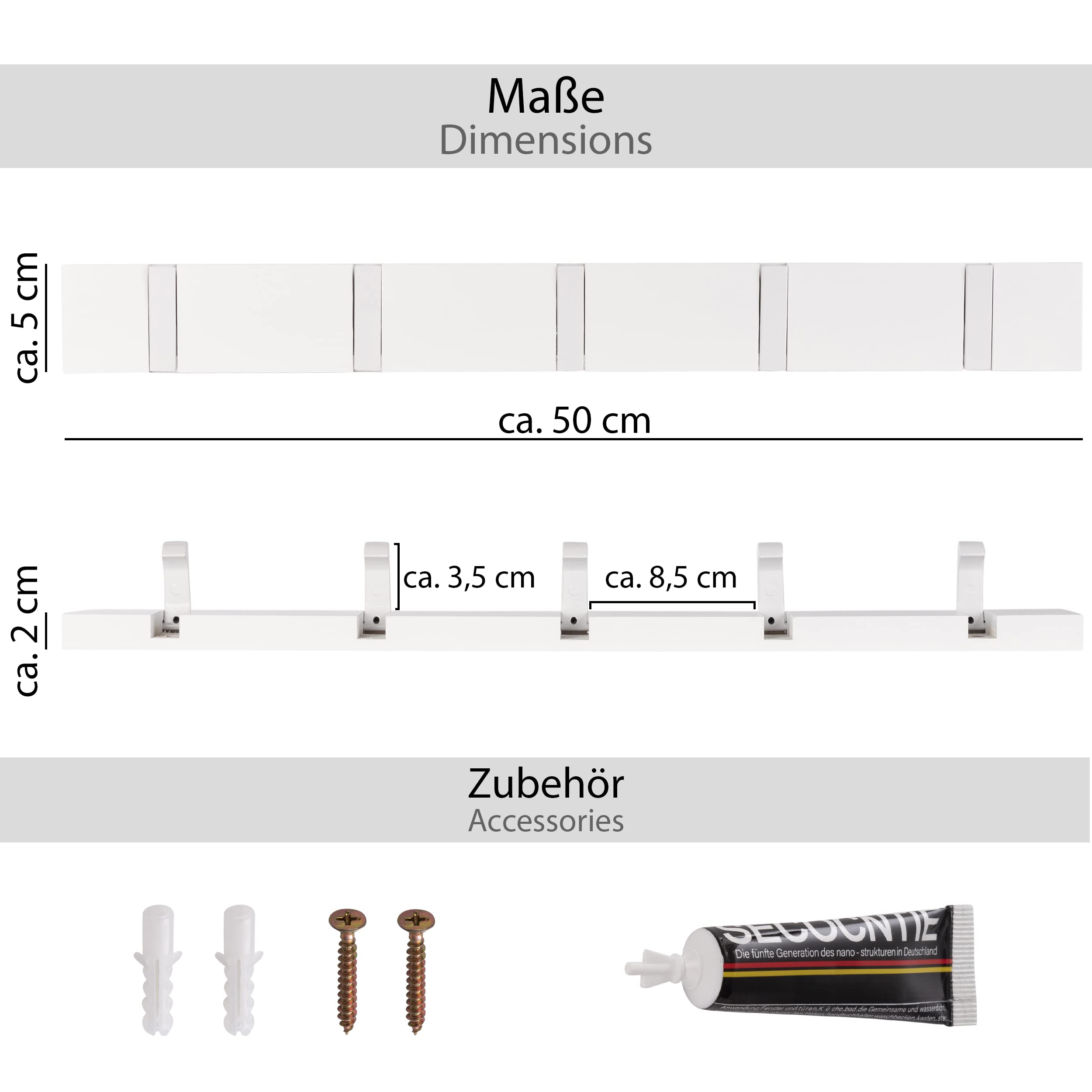 ONVAYA® Perchero | Blanco | Perchero de pared de diseño moderno | Perchero de madera de bambú | Perchero para ropa desplegable | Barra de ganchos | Perchero