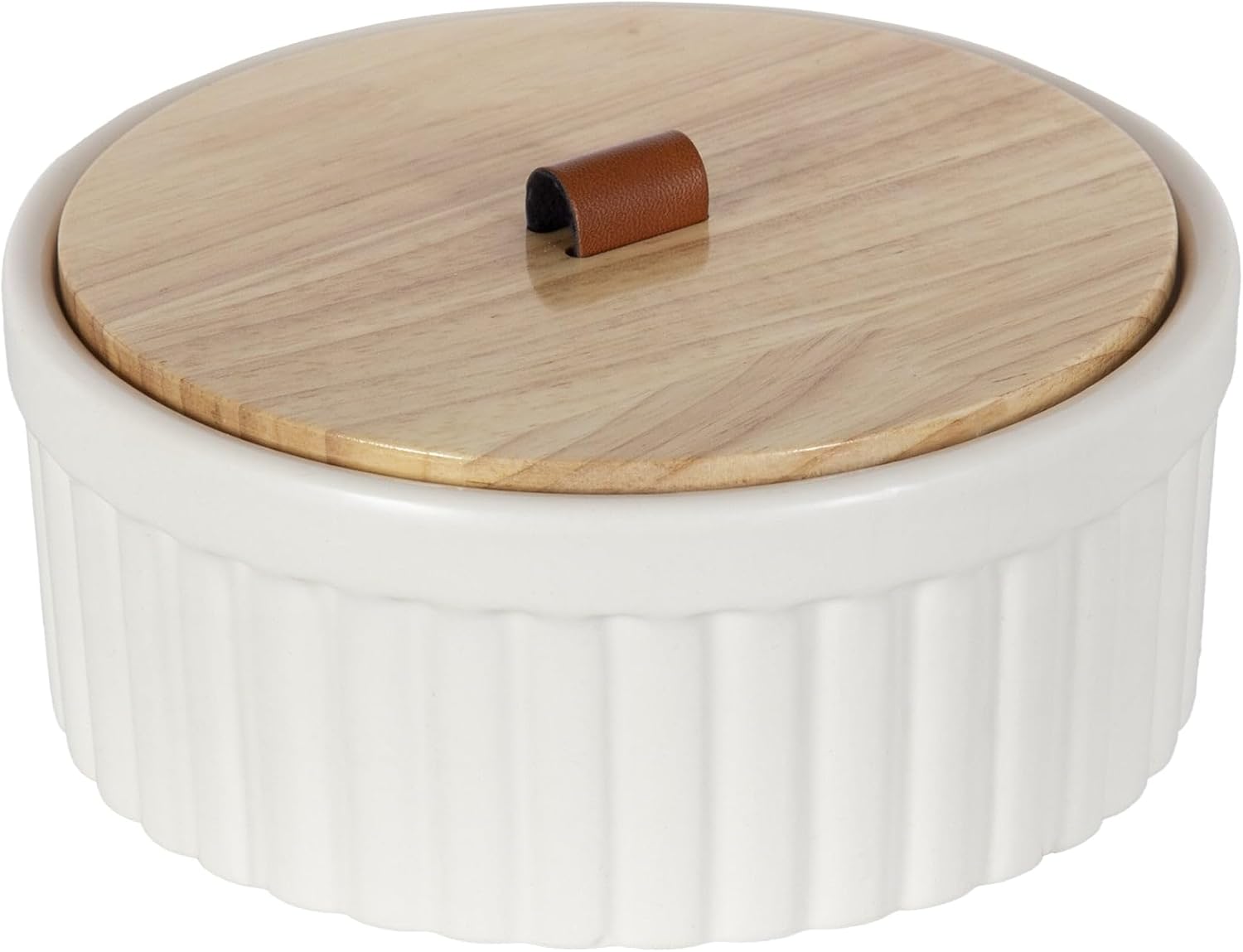 Ribbed Ceramic Decorative Container with Wooden Lid, Cream Round Storage Jar with Faux Leather Handle, Small Vanity Organizer for Bedroom, Bathroom, Nightstand, Home Decor