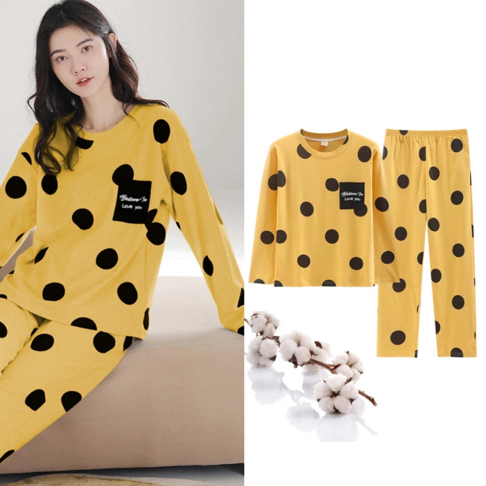 MOGSA Pijama de algodón para mujer, conjunto de pijama con estampado de lunares, ropa de dormir para parejas, ropa de dormir para el hogar