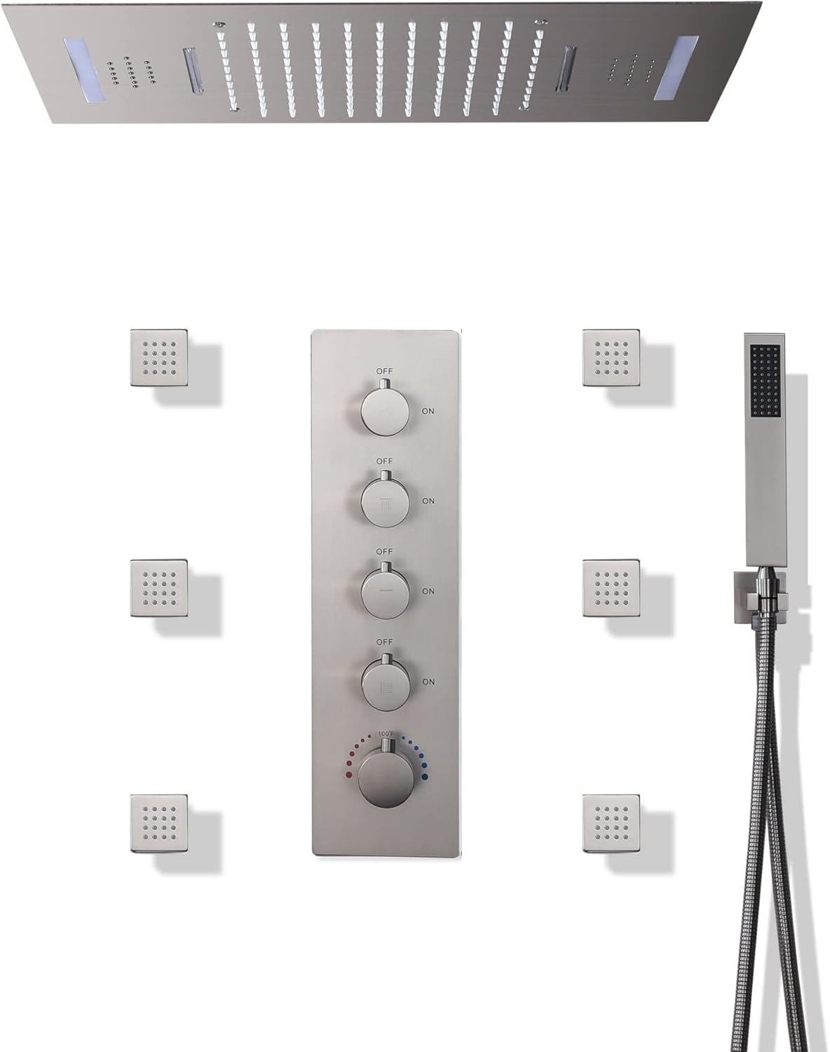 Cascada Luxury 15” x 23” LED Music shower system with built-in Bluetooth Speakers, 4 function (Rainfall, Waterfall, Body jet & Handshower) & Remote Control 64 Color Lights (Oil Rubbed Bronze)