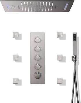 Cascada Luxury 15 x 23 LED Music shower system with built-in Bluetooth Speakers, 4 function Rainfall, Waterfall, Body jet & Handshower & Remote Control 64 Color Lights Oil Rubbed Bronze