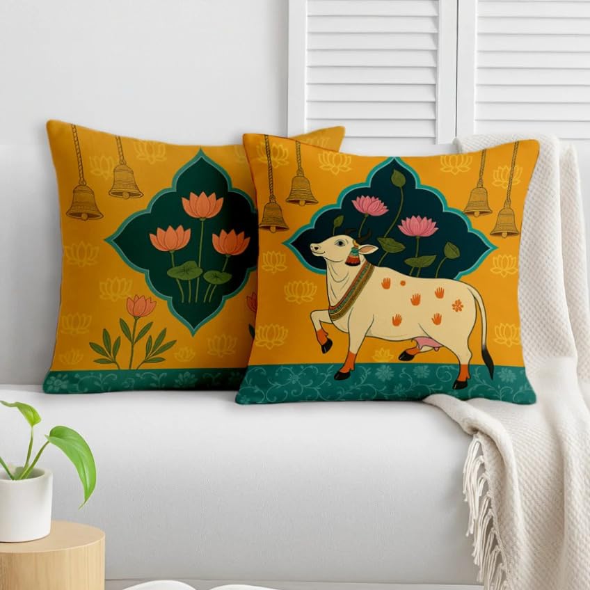 STITCHNEST Satin Ethnic Cushion Covers Cow & Lotus Art, 16x16 Inches, Pack of 2 for Living Room & Festive Decor