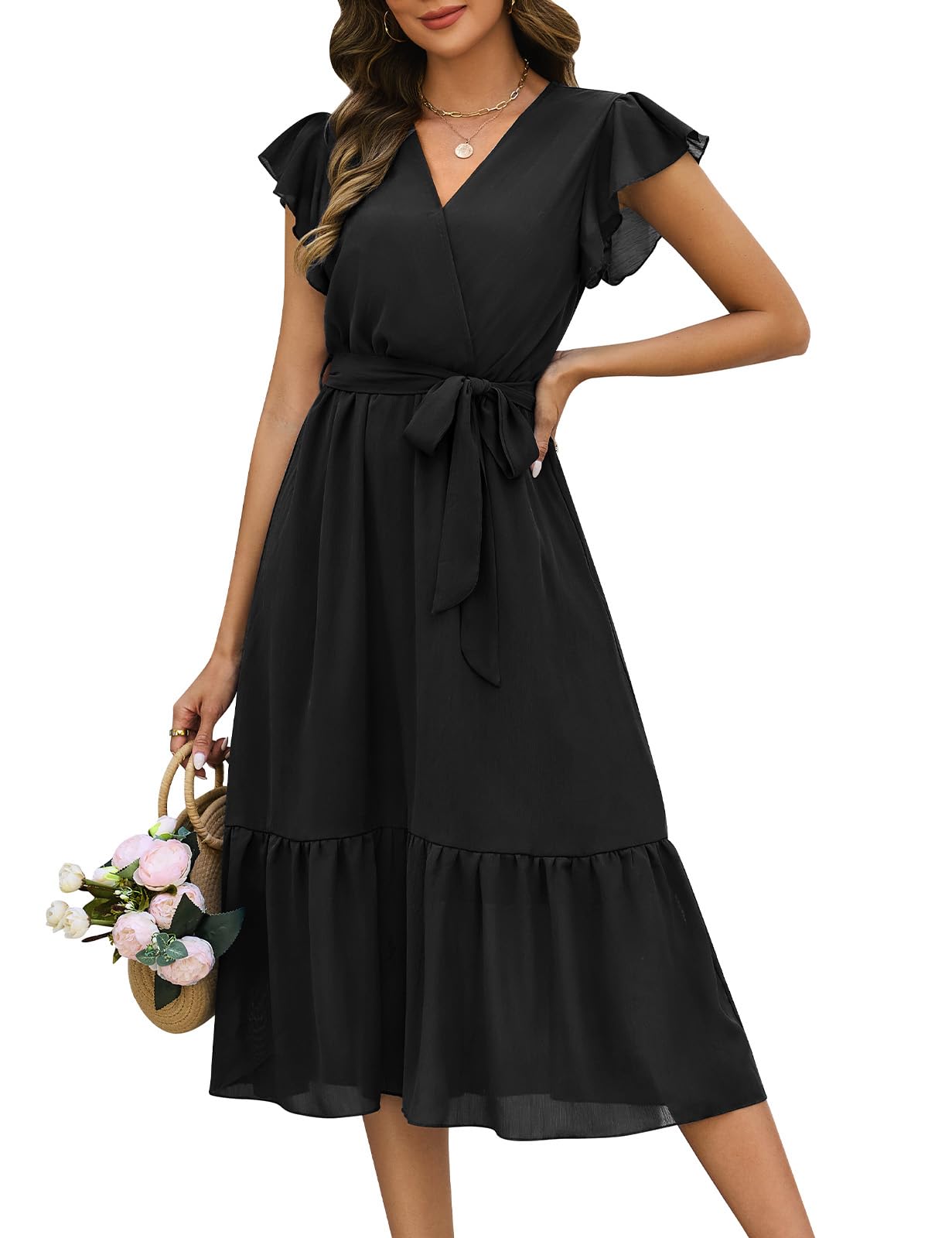 Sommerkleid Damen Maxikleid Casual V-Ausschnitt Rüschen Ärmeln Lang Kleid Sommer Elegant Hohe Taille A Linie Freizeitkleid Knielang Boho Strandkleid mit Gürtel