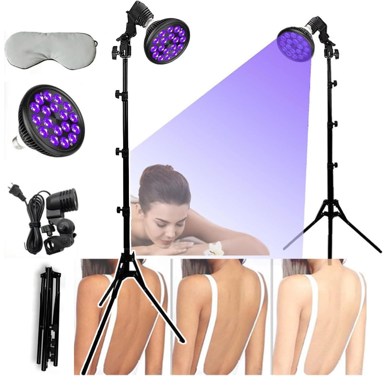 FAXIOAWA Lampe Ta-N-Ning 54 W (Corps et Visage), 18 Lampes solaires LED + Masque pour Les Yeux et Support réglable (38,5"-78,7"), Lampes spéciales LED 395 nm pour Un Teint Bronze