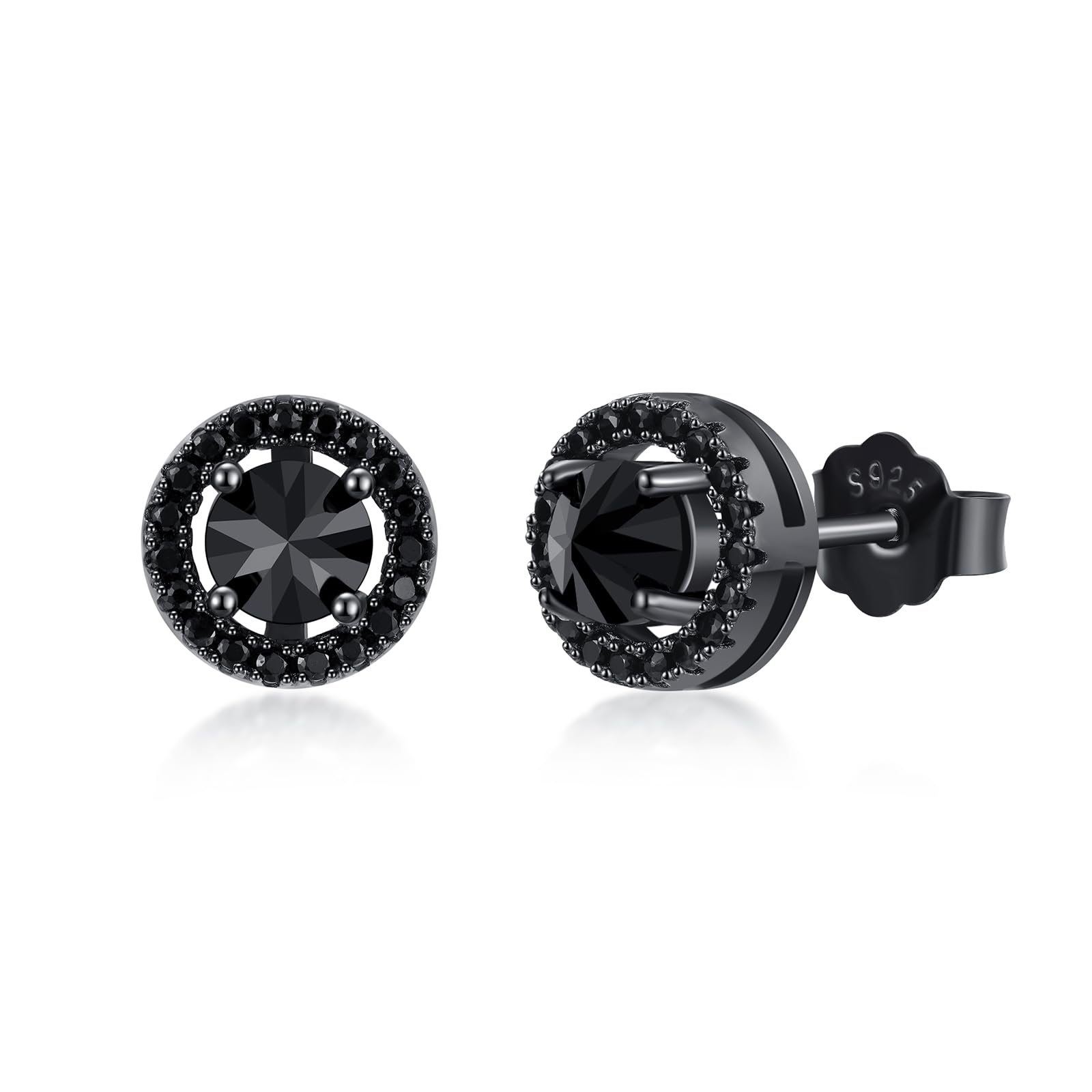 Pendientes negros de plata de ley 925, hipoalergénicos, pequeños, negros, punk, góticos, negros, regalos para hombres y mujeres, 0.34 inches, Plata de ley, Circonita cúbica