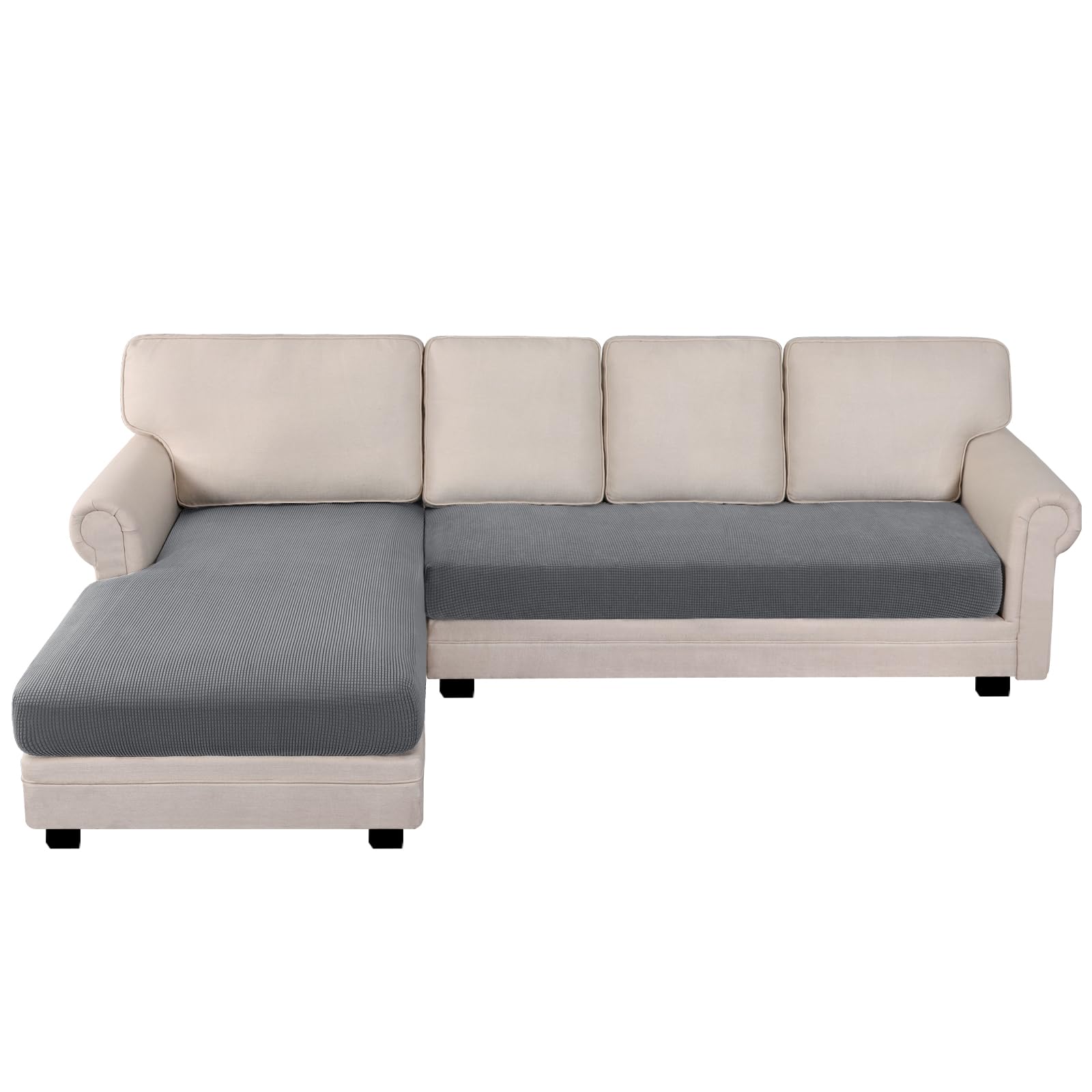 BellaHills Elasticizzato Copridivano 3 Posti Con Penisola, Copriseduta Divano, Copricuscino Divano, Soft Copri Cuscino Divano, Copri Seduta Per Divano (3 Posto + Chaiselongue, Grigio Chiaro)