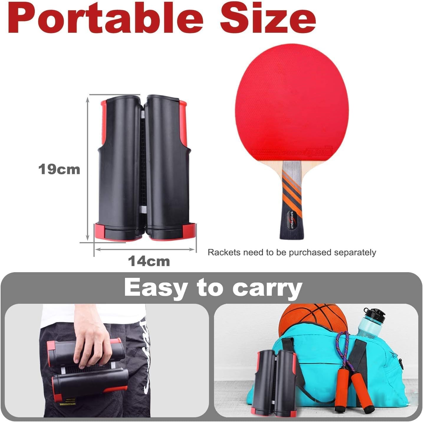 Red de ping pong retráctil portátil Sportout para mesa de ping pong, escritorio, cocina o comedor, negro/rojo