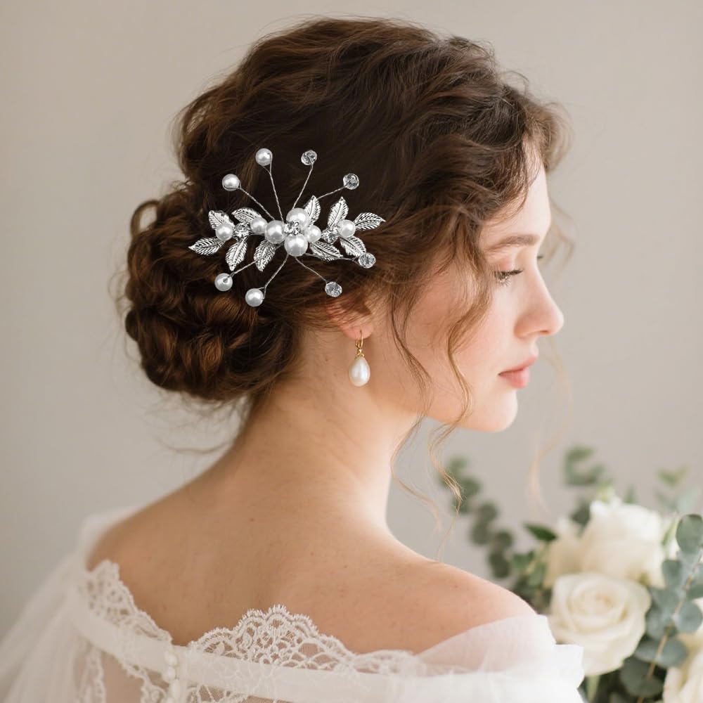 4 Pezzi Accessorio per Capelli da Sposa Pettini per Capelli da Sposa e Forcine a U con Strass Perla Nuziale Decorativo Cerchietto Festa di Nozze per Donne e Ragazze (Argento)