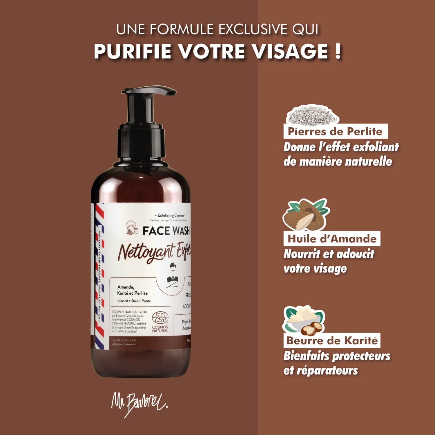 Nettoyant Exfoliant visage pour homme de Monsieur BARBIER | Soin visage Naturel, Végan et Français | Gommage contre les peaux mortes, les points noirs et les impuretés pour un teint lumineux | 250mL