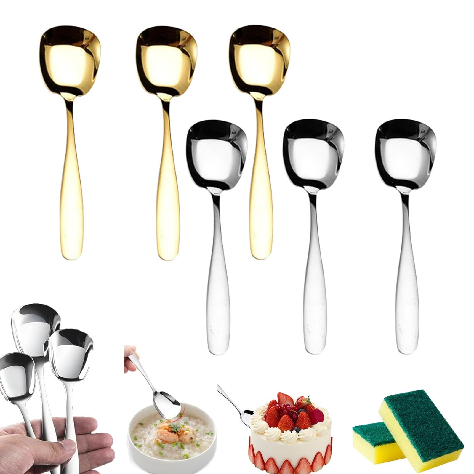 Arithmeticn Square Head Stainless Steel Spoons, Stainless Steel Measuring Spoons, Square Head Soup Spoons, Dessert Spoons, Korean Style Square Sugar Serving Spoon (6pcs-a, Large)