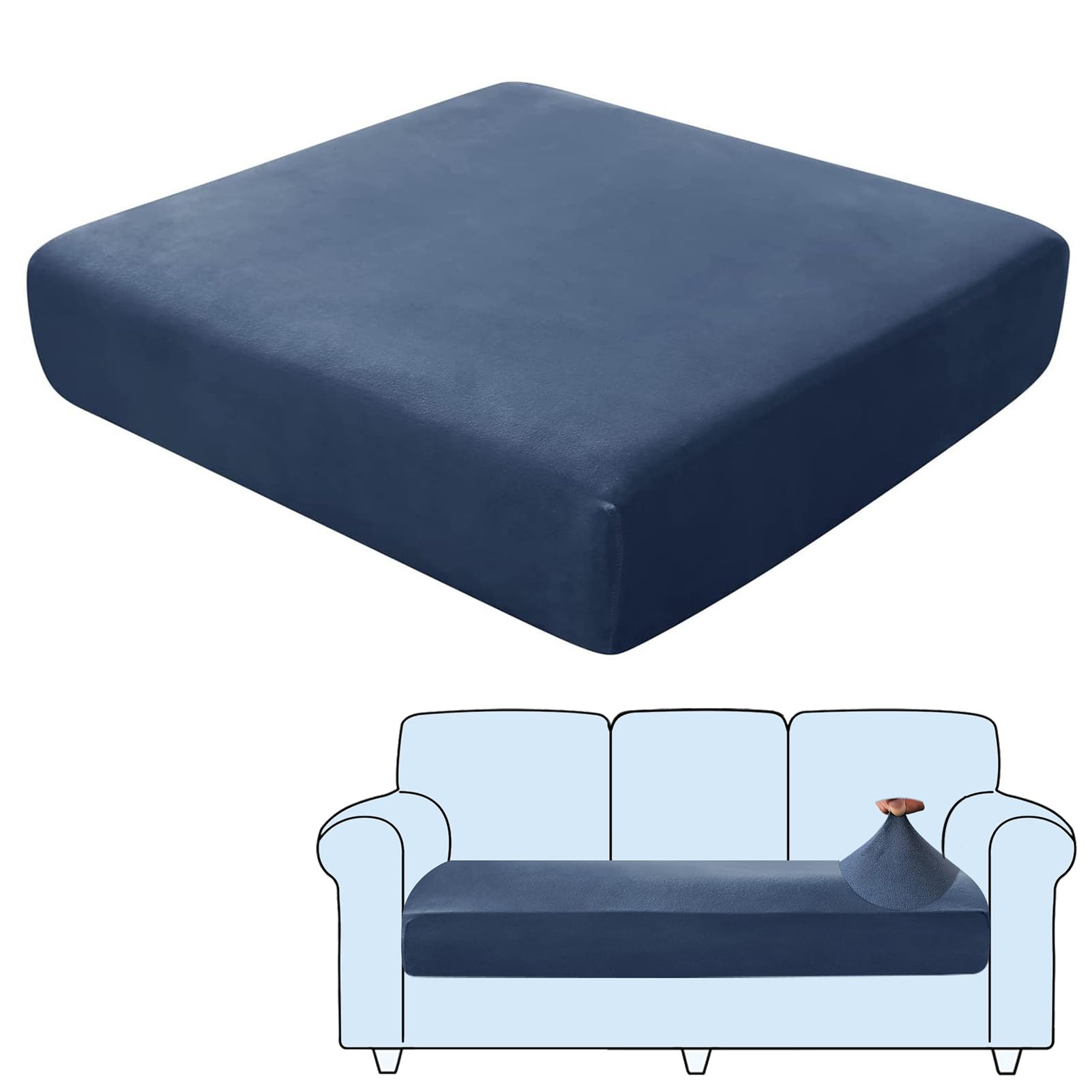 SHUOJIA Sofa Seat Cushion Covers, Stretch Velvet Sofa Cover, Non-Slip Couch Cushion Covers Replacement for Individual Cushion,with Elastic Fabric,Machine Washable (Navy Blue,3-Seater)