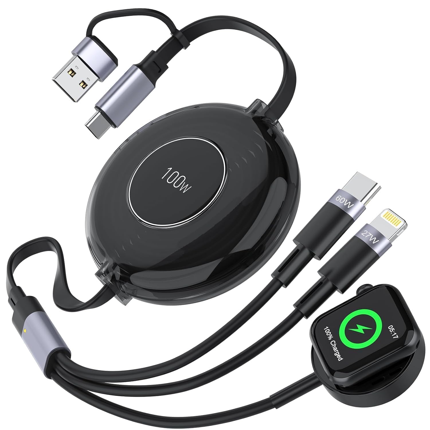 100W Multi Charging Cable for Apple Watch Charger, 6 in 1 Retractable iWatch Charger Cord, 3 in 2 Retractable iPhone 15 and iWatch Fast Charging Cable