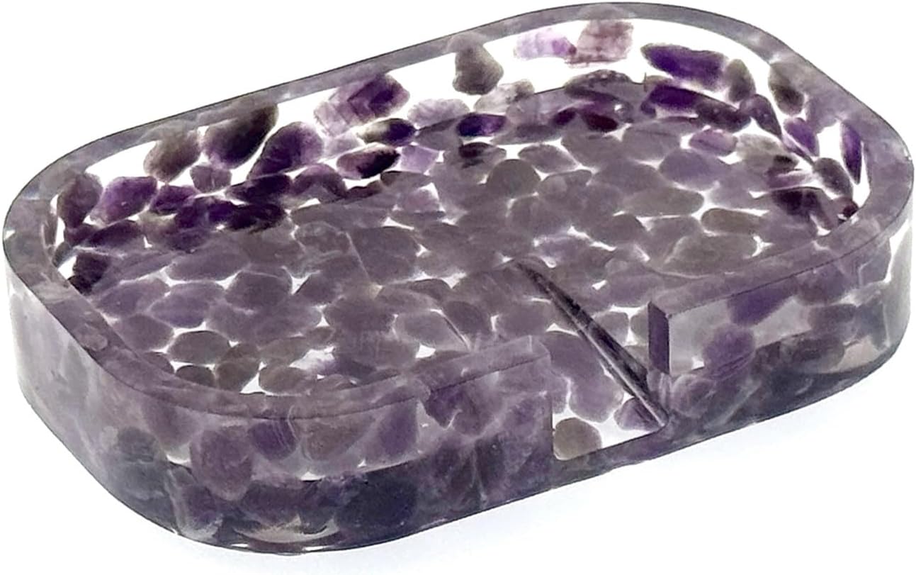 Draining Soap Holder Tray for Shower, Resin Dish with Particle Inlay Pattern, Self-Draining Slope Keeps Soap Fresh, Bathroom or Kitchen Organizer (Oval Purple Soap Dish)