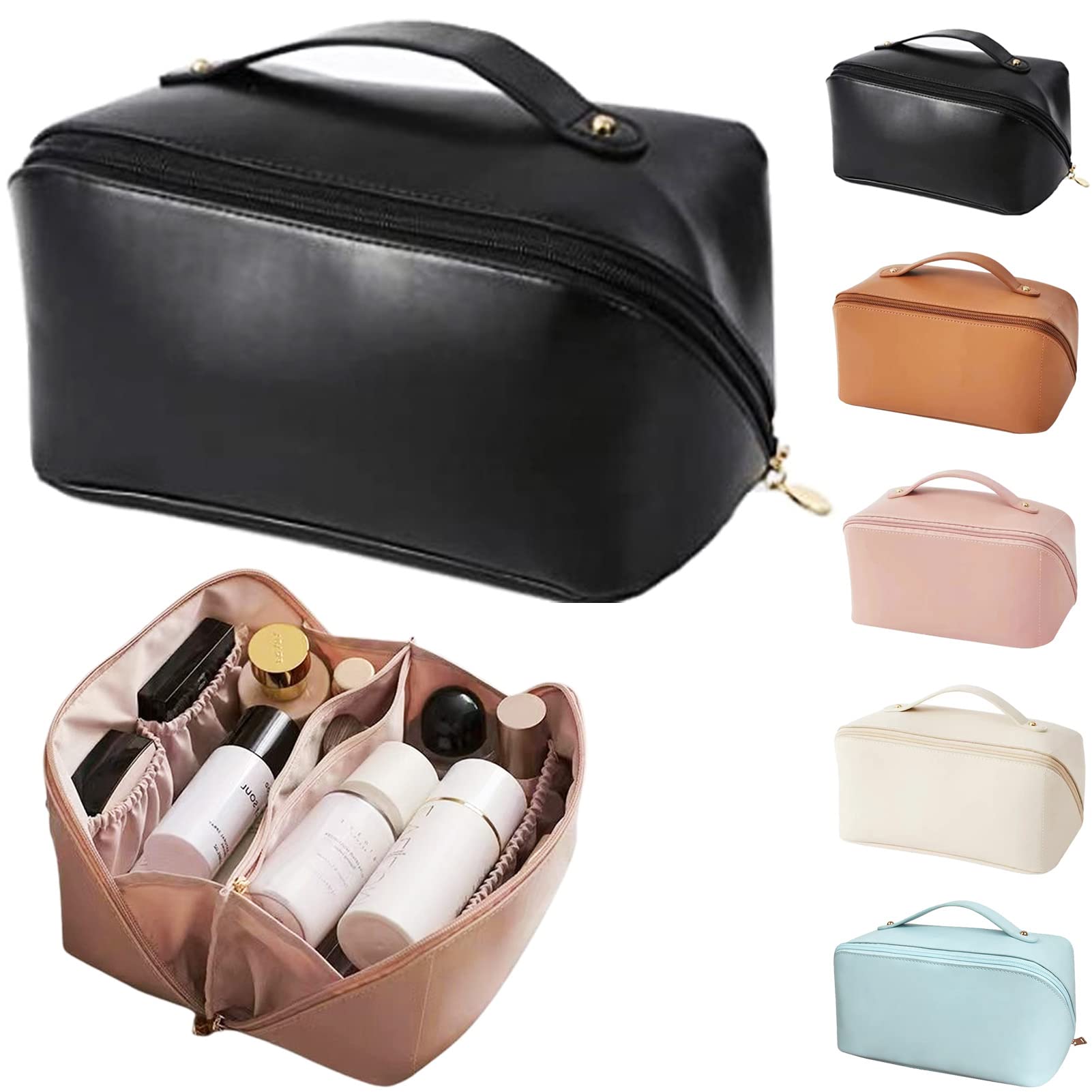 Trousse Maquillage Cuir Souple Grande Capacité - Organiseur Voyage Avec Poignée Pinceaux