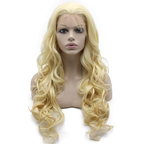 Mxangel - Peluca de cabello sintético largo ondulado 613 rubio atado a mano con encaje frontal natural