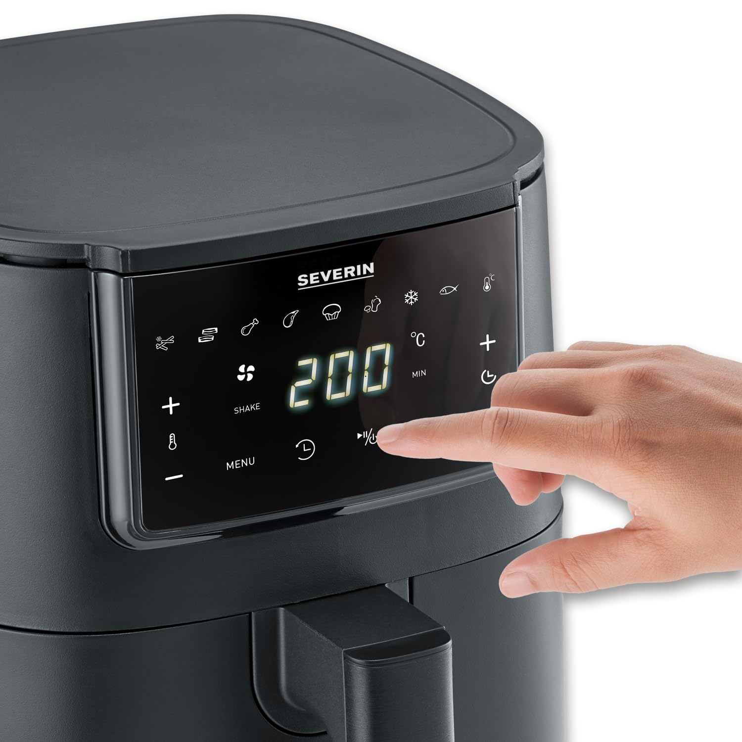 SEVERIN Freidora de aire FryLight Single, cocinado versátil, pantalla táctil, 8 programas automáticos, función de conservación del calor, 4L, revestimiento antiadherente, 1300W, negro, FR 2461