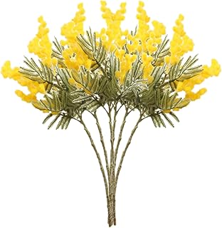 Lot de 6 Fleurs D'acacia Artificielles, Tiges de Fleurs Jaunes Artificielles de 38,1 Cm, Fleurs Printanières Artificielles pour Vase, Fleurs de Mimosa Blanches et Jaunes, Feuilles Floquées(Jaune)