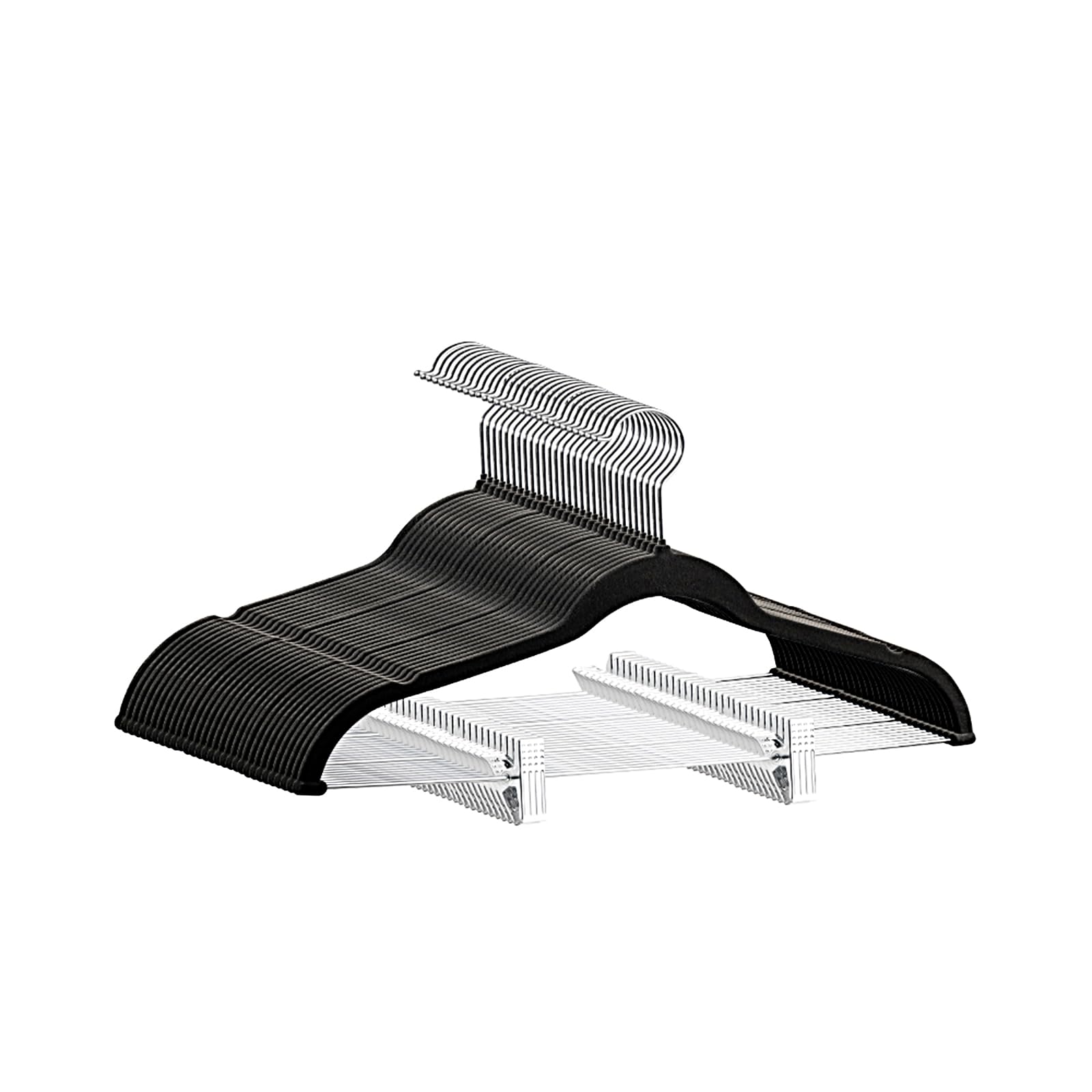 Softflame Samt Hosenbügel 24 Stück, rutschfeste Rock Kleidung Hosen Kleiderbügel mit verstellbaren Clips, 360° Drehhaken Schwarz/Silber