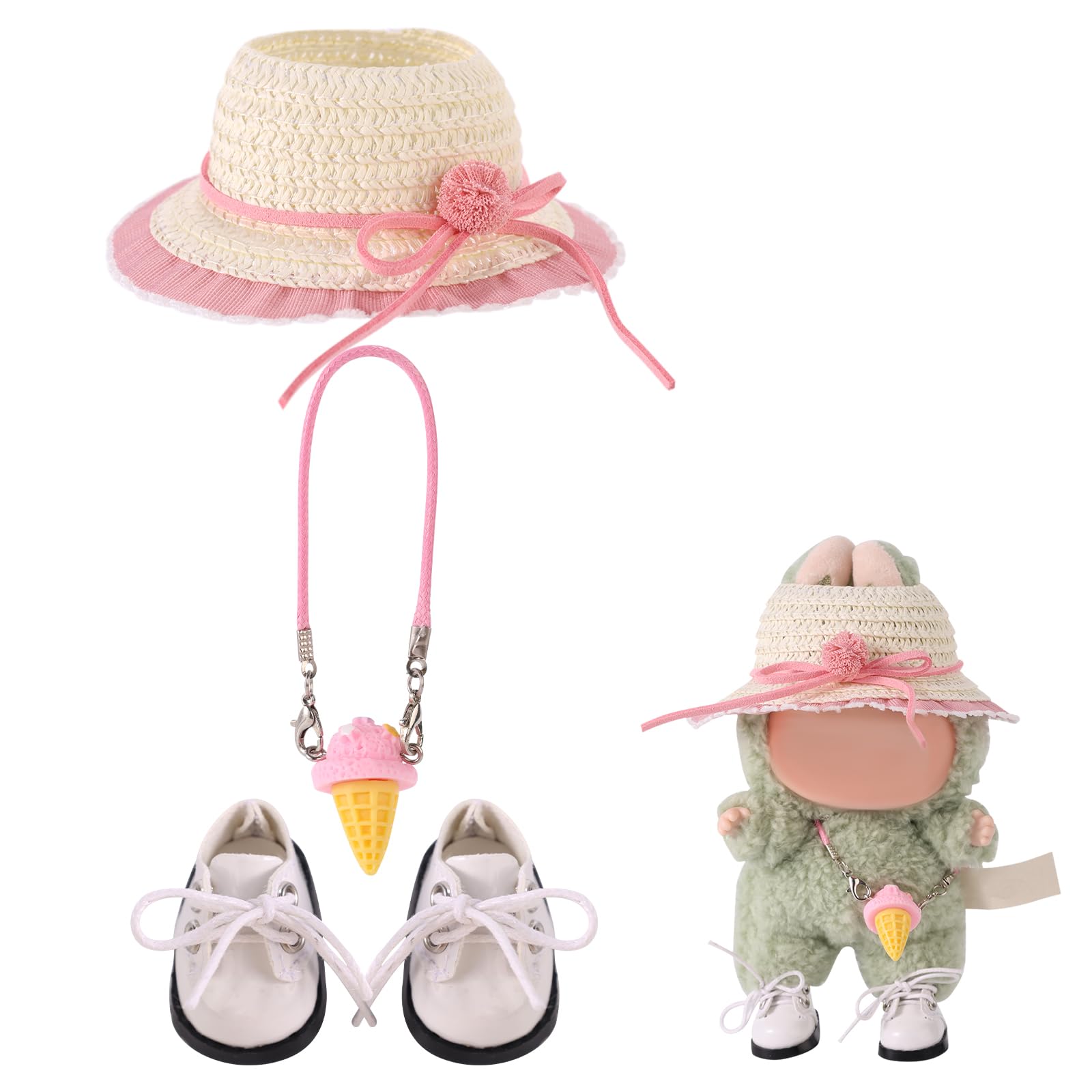 3pcs 6.69in Doll Clothes Accessories, Include Bow Straw Hat Lace-Up Leather Shoes Ice-Cream Shaped Cross-Body Bag Mini Cute Clothing Outfits Accessories No Doll Included