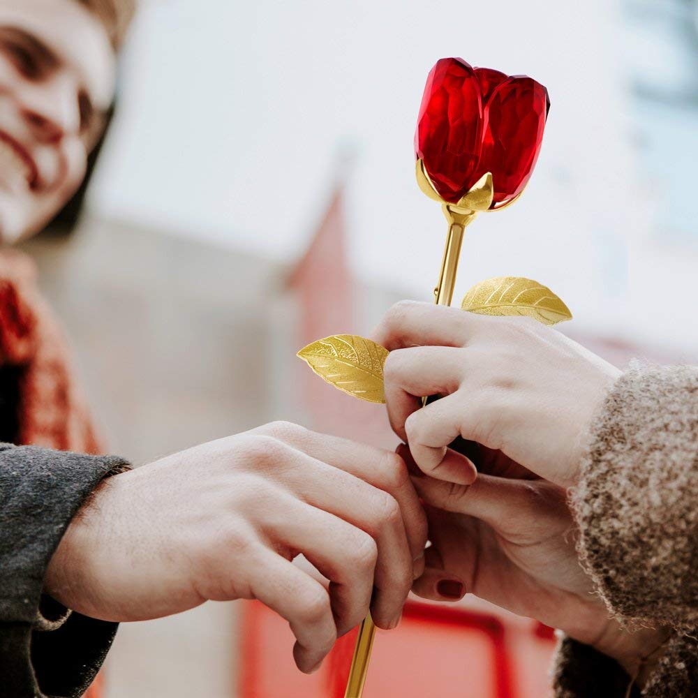 Maverton Rosa Stabilizzata Eterna in Vetro in Scatola Personalizzata - Rose stabilizzate di Cristallo - Soprammobili moderni - Rosso - Oro - Idea Regalo Donna - cuore