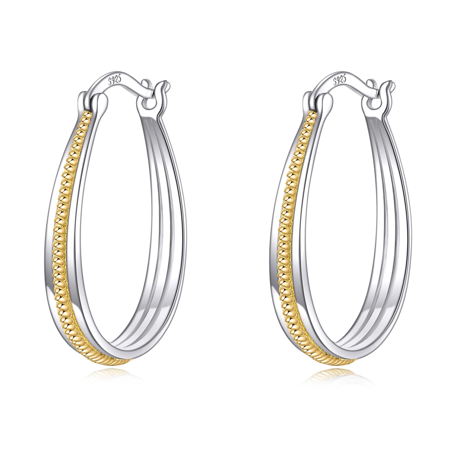 Small Sterling Silver Gold Hoop Earrings Oval Grooved Two Tone Hoops Earrings for Women