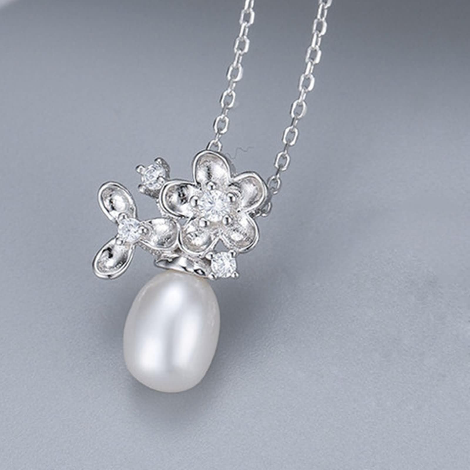 Donna Collana Argento,Catenella per Collana Argento Sterling 925 Donna Fiore e Perla 7x9MM Collana Argento