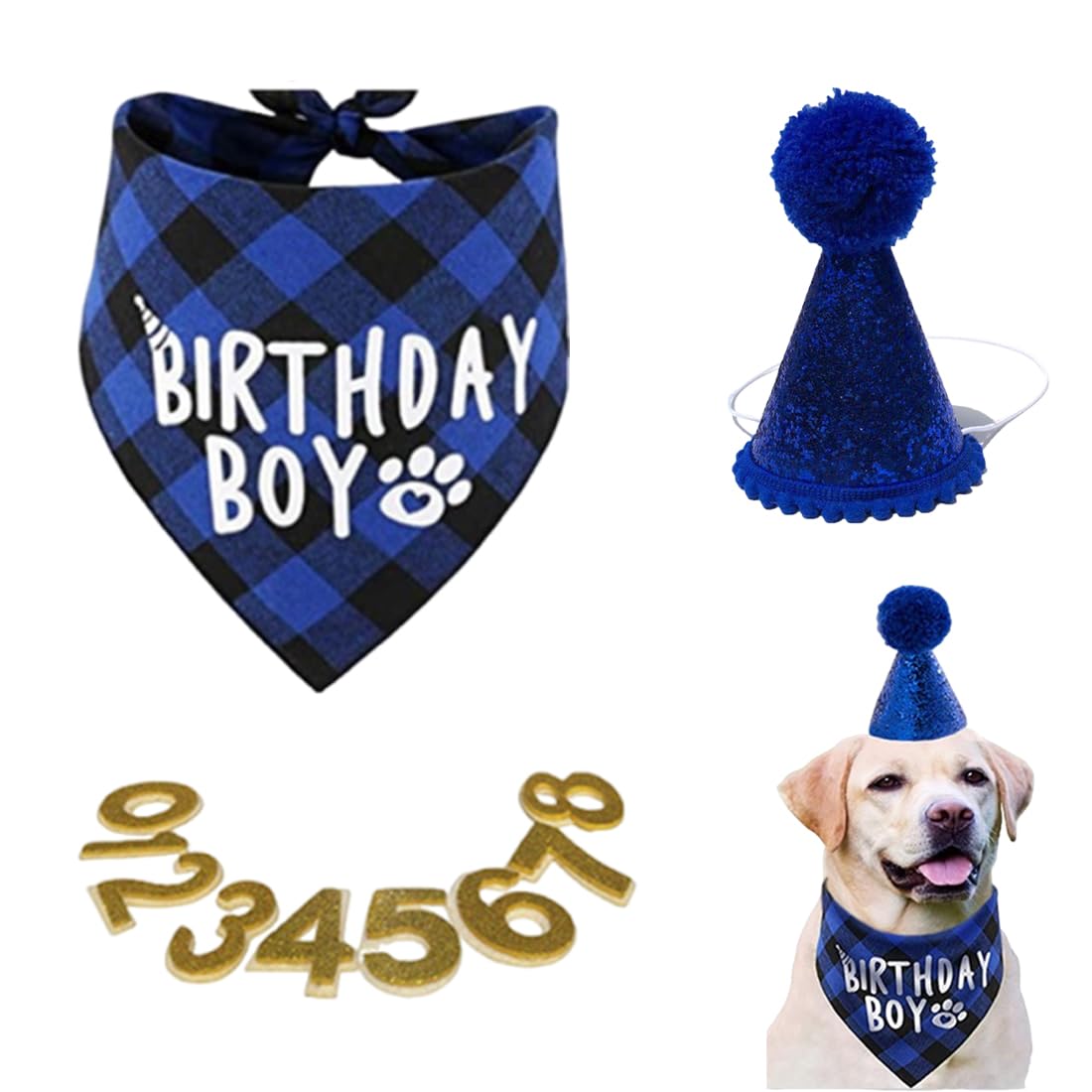 WUSJCOF Set Compleanno Cane 3 Pezzi, Bandana e Cappello con 8 Numeri Bling Adesivi, Regalo di Compleanno per Cani, Decorazioni per Festa di Compleanno Cane (Blu)