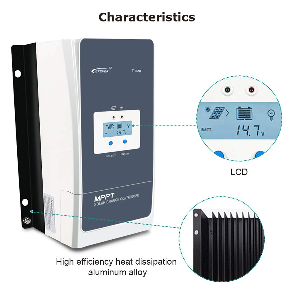 EPEVER 100A MPPT Controlador de Carga Solar 12V/24V/36V/48V con Pantalla LCD, Voltaje de Circuito Abierto de Hasta 150V para Sellado, GEL, Inundado y Usuario - Tracer 10415AN