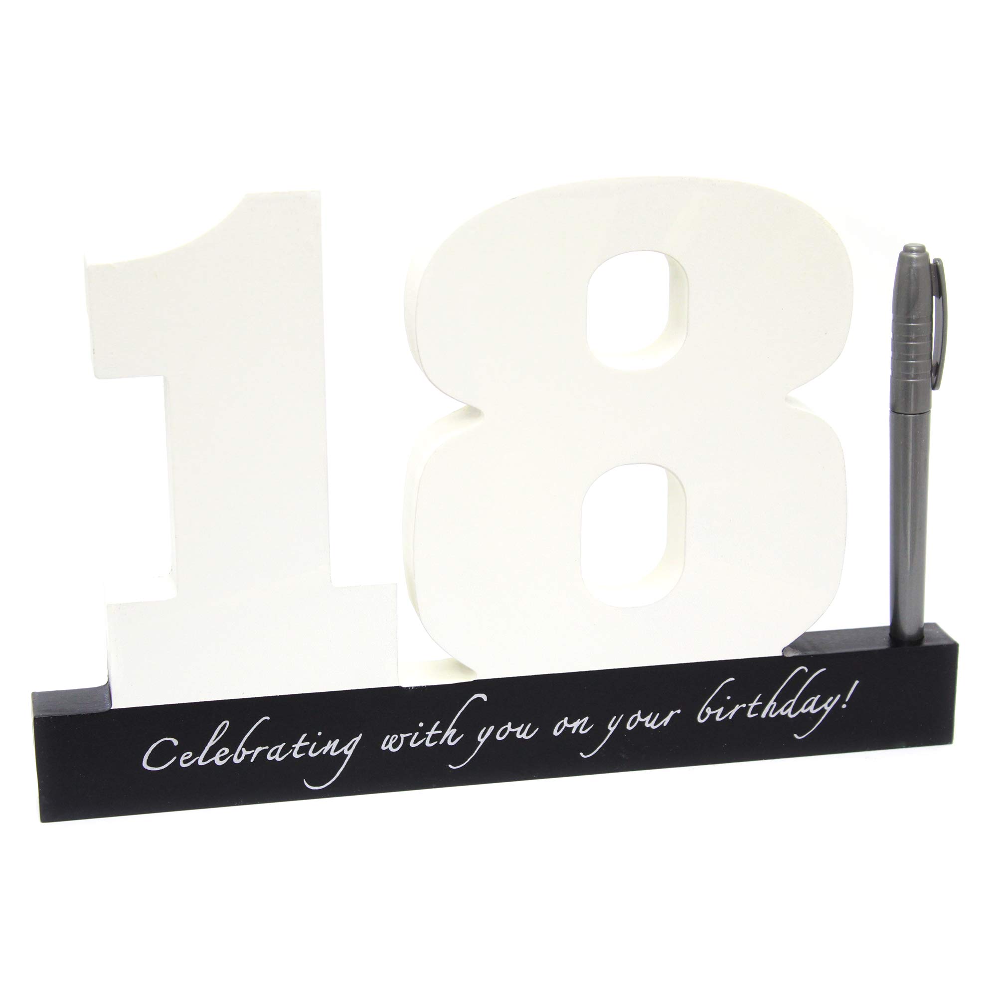 Carousel Home and Gifts - Targa di compleanno con numeri di firma per 18 compleanno ~ Blocchi bianchi in legno con penna inclusa, targa per il 18° compleanno, cartello per libro degli ospiti