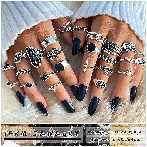 IFKM Vintage Silver Knuckle Rings Set for Women, Stackable Joint Finger Statement Rings Bohemian Retro Hollow Carved Midi Rings, Boho Halloween Skeleton Skull Snake Heart Chunky Stacking Rings Pack2