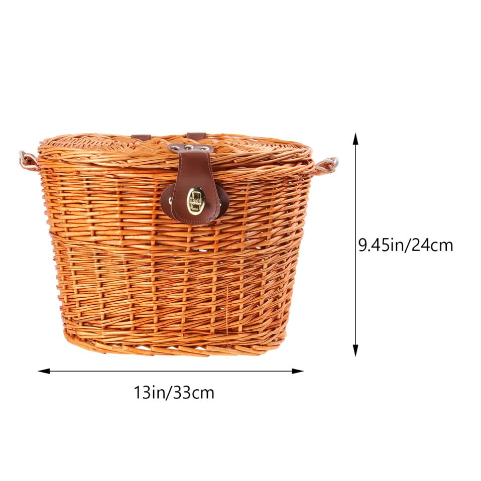Cestino Bicicletta Anteriore in Vimini Marrone, Cestello per Bicicletta con Coperchio, Stile Creativo, per Bici e Spesa