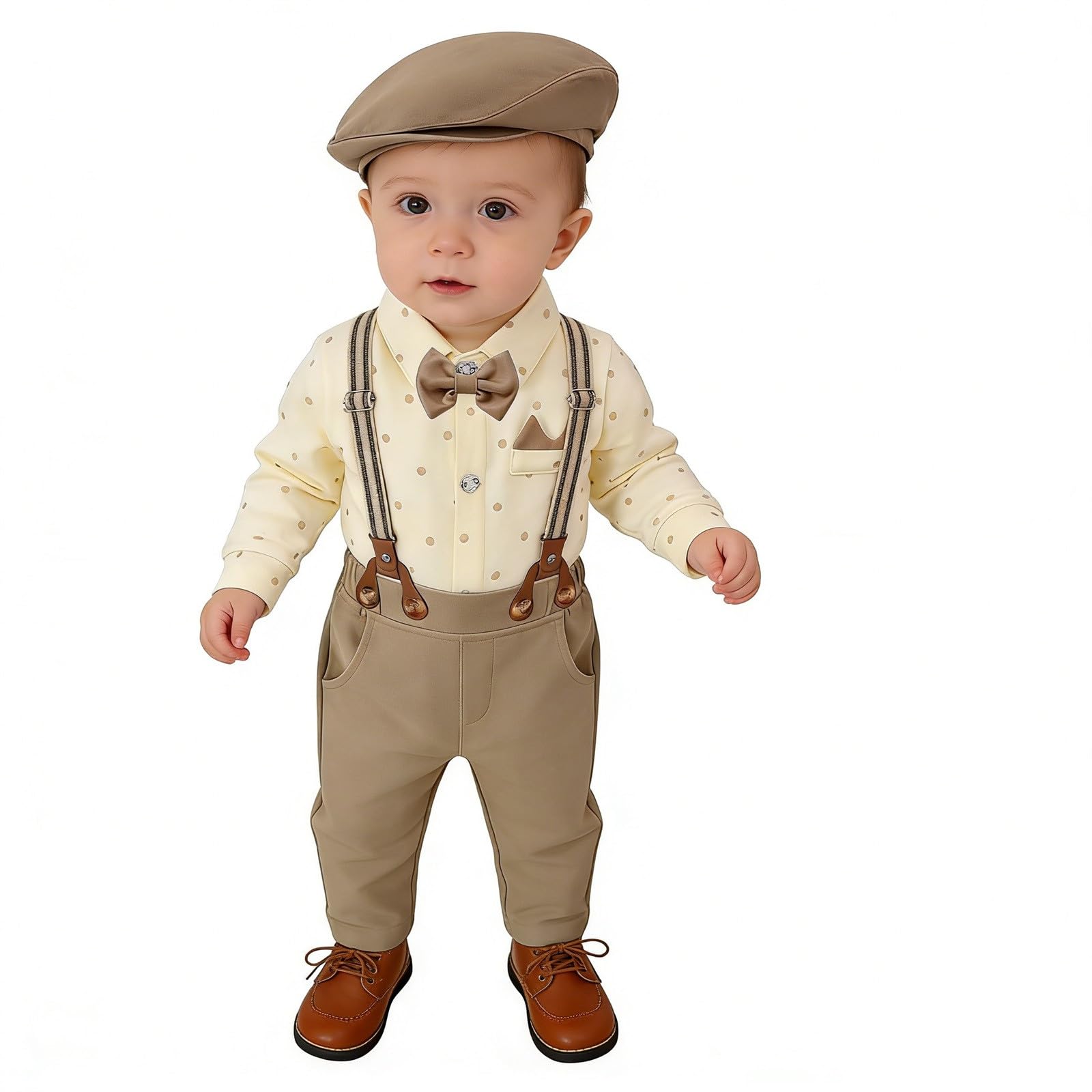 Bebé Niño Traje Formal Caballeros Ropa Conjunto Romper Camisa con Pajarita Tirantes Pantalones y Sombrero para Boda Fiesta de Cumpleaños