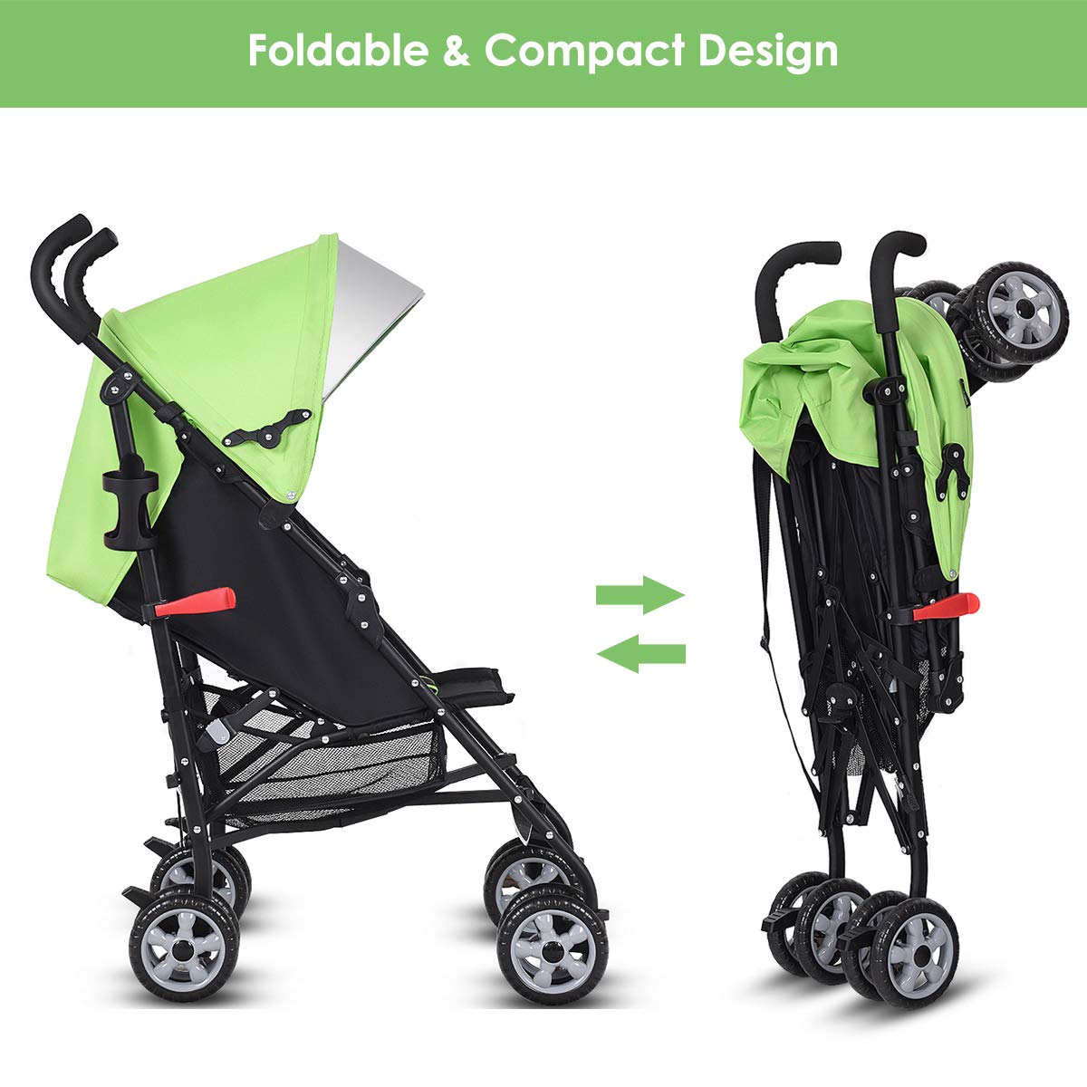 BABY JOY Lightweight & Compact Travel Stroller, Infant to Toddler, Adjustable Backrest & Canopy, Cup Holder, Storage Basket, 5-Point Harness, Easy Fold, Green