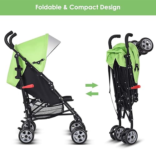 Vista 28 de HONEY JOY Cochecito ligero para bebé, cochecito de viaje compacto para avión, respaldo y toldo ajustables, arnés de 5 puntos, soporte para vasos