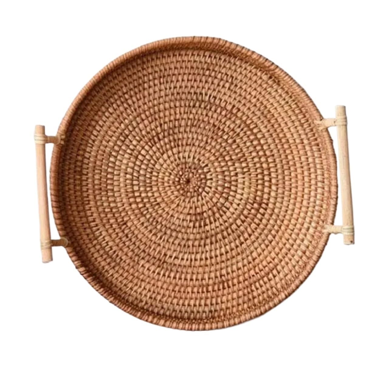Cesta de almacenamiento mimbre tejida con asa correa, bandeja redonda for pan, aperitivos, frutas, Picnic, Organización del hogar para Dormitorio(L)