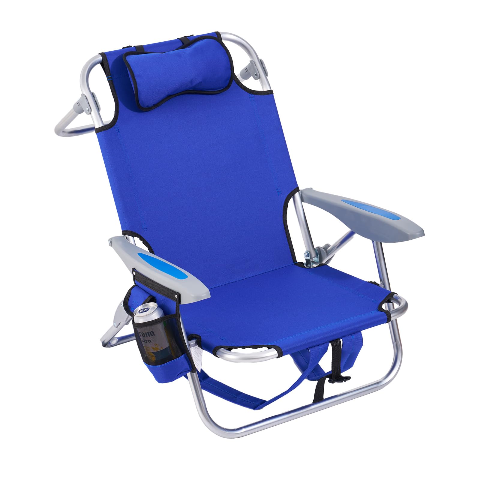 Portable Beach Chair for Adults, Outdoor Camping Chair Lay Flat Folding Backpack Beach Reclining Chair with 4 Positions, Headrest, Cooler Pouch, Cup Holder, Blue