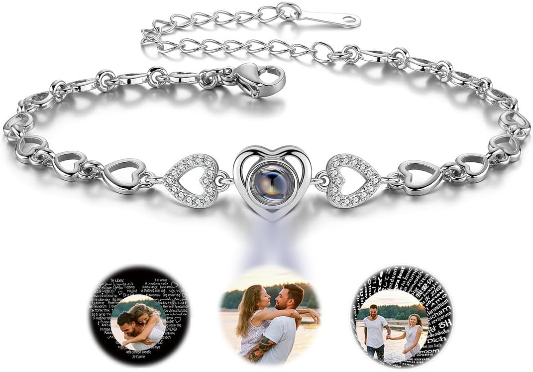 Personalized Photo Bracelets for Women Custom Bracelet with Picture Inside Love Heart Crystal Custom Photo Projection Bracelet Memorial Jewelry Lover Mothers Day