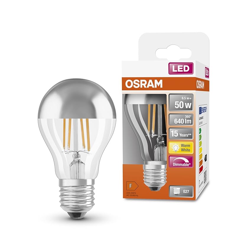 OSRAM LED Superstar Classic A50 Dimmerabile E27, Forma Pera, Argento Specchiato, 640 lm, Bianco Caldo 2700K, Sostituzione Lampadine 50W, 6 Pezzi